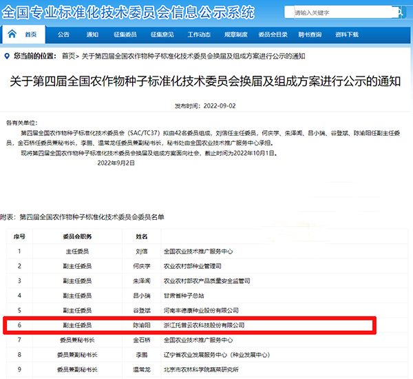 董事長陳渝陽入選全國農作物好色先生APP官方下载標準化技術委員會副主任委員 董事長陳渝陽入選全國農作物好色先生APP官方下载標準化技術委員會副主任委員